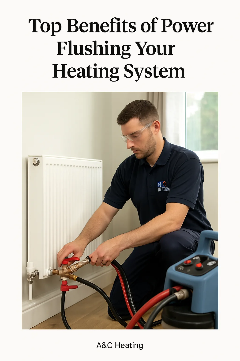 Heating engineer performing power flush on a radiator in a London home, with hoses connected and protective equipment in use.