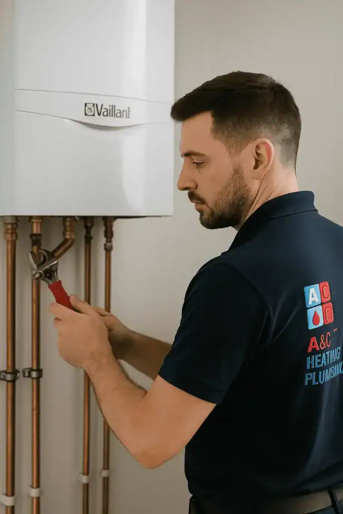 boiler-installation-harlesden Gas Safe engineer from A&C Heating and Plumbing installing a Vaillant boiler in Harlesden, using a wrench on copper pipework, in a modern home interior.