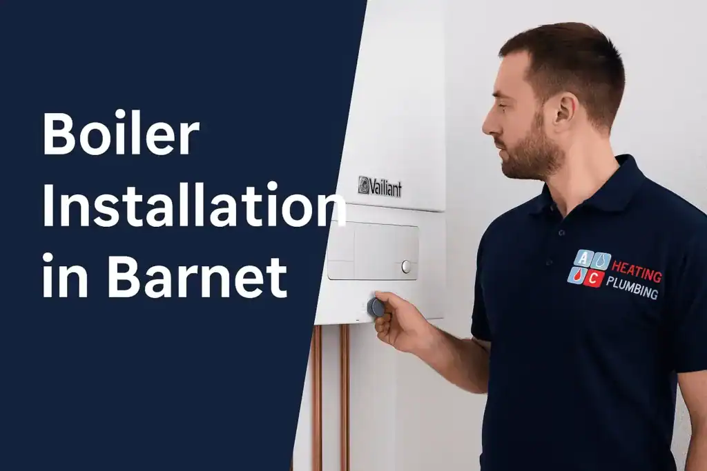 boiler-installation-in-barnet Gas Safe engineer performing boiler installation in Barnet wearing A&C Heating and Plumbing uniform