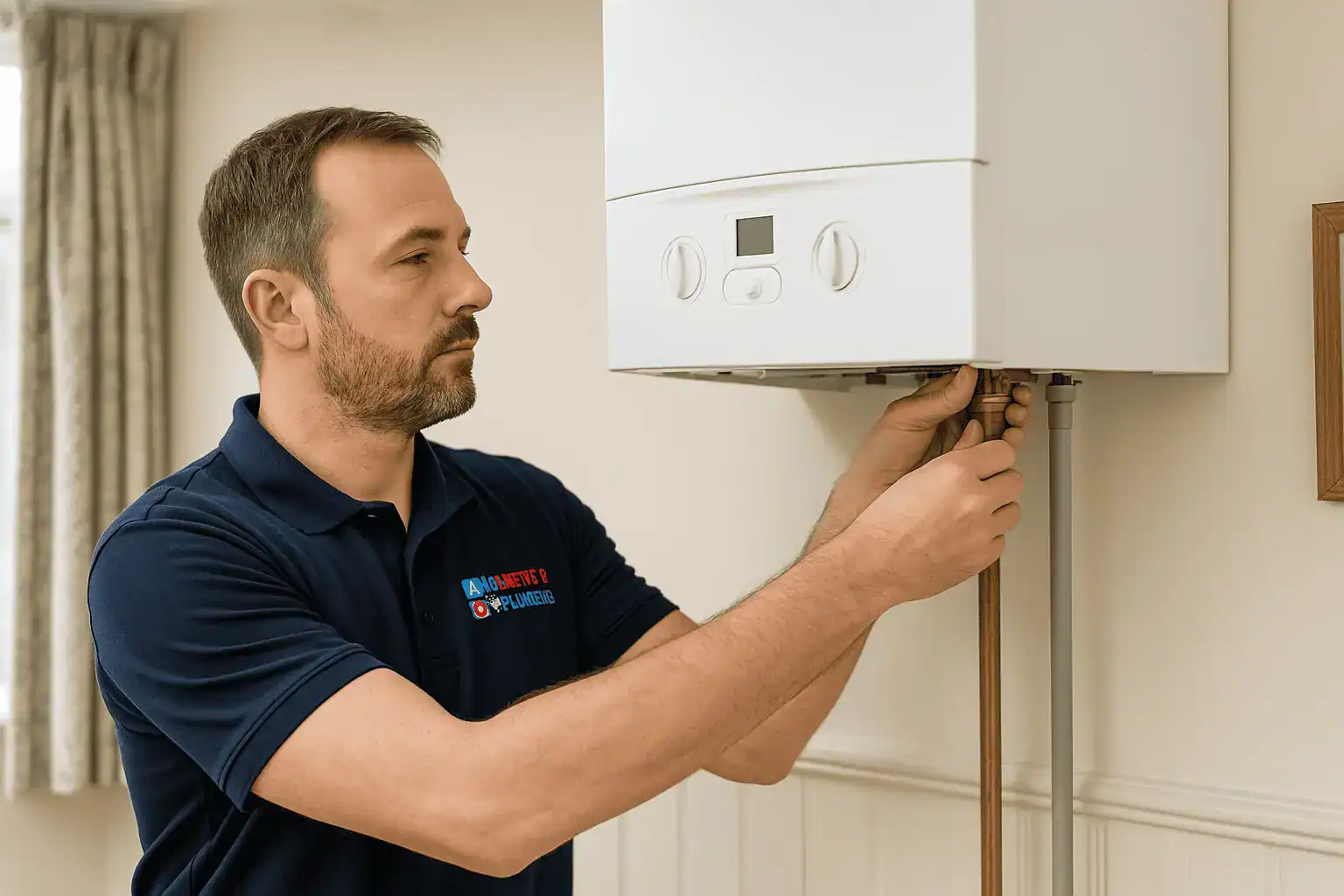 Gas Safe engineer installing a new combi boiler inside a residential London home during a scheduled installation visit