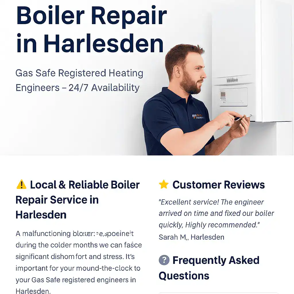 Professional boiler repair engineer in Harlesden performing diagnostics on a wall-mounted gas boiler, wearing branded A&C Heating and Plumbing uniform.