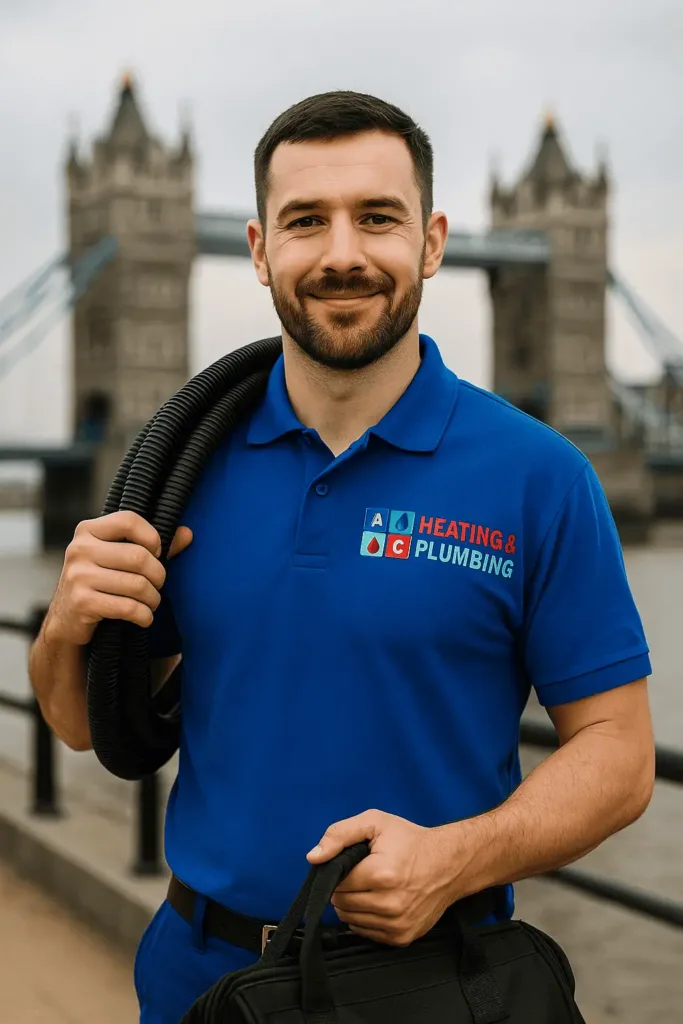 boiler-repair-in-london-24_7 Heating engineer wearing A&C Heating and Plumbing Ltd logo on his uniform, walking along a London street with Tower Bridge in the background, carrying a professional tool bag.