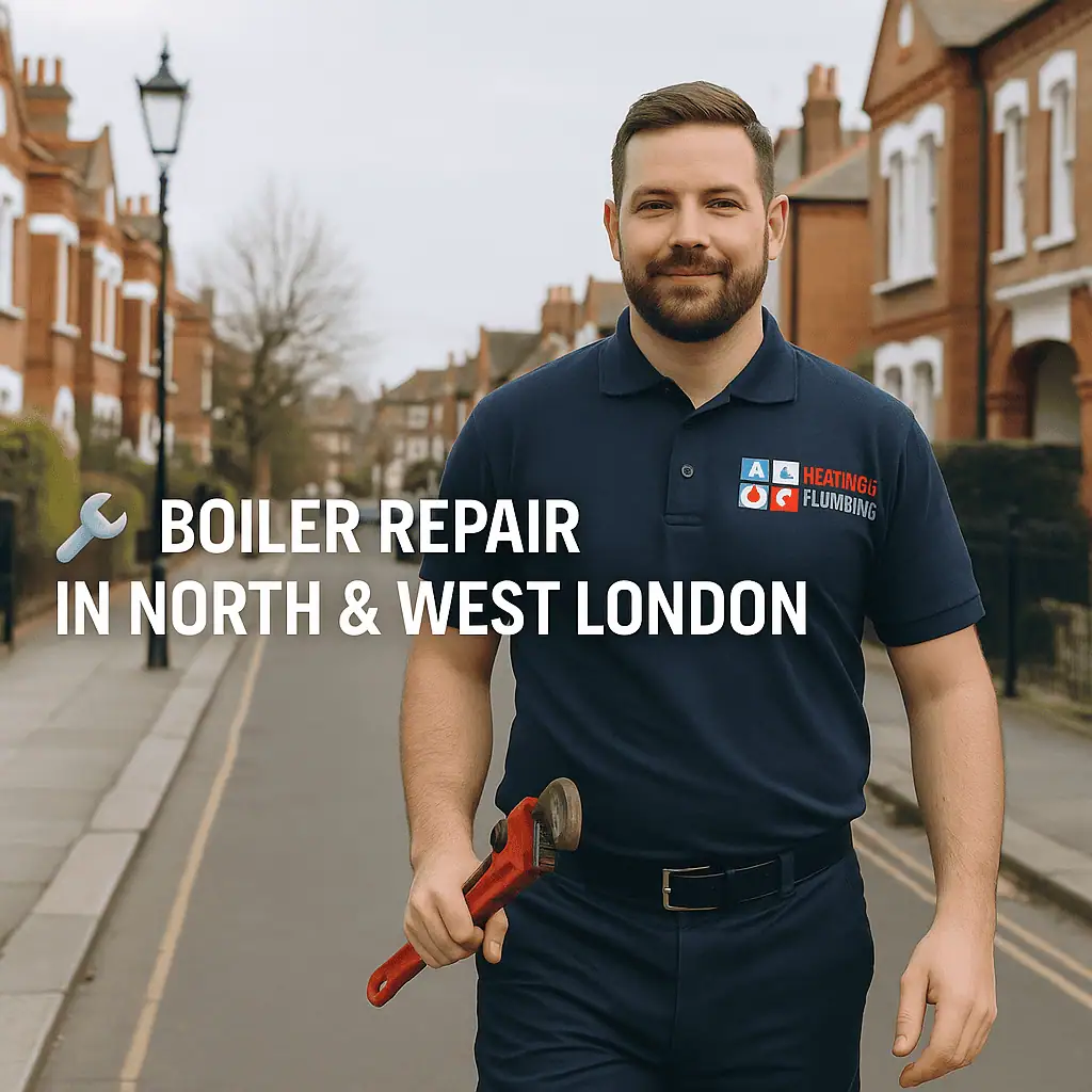 boiler-repair-in-north-west-london Gas Safe certified boiler engineer from A&C Heating and Plumbing Ltd walking on a residential street in North West London with repair tools