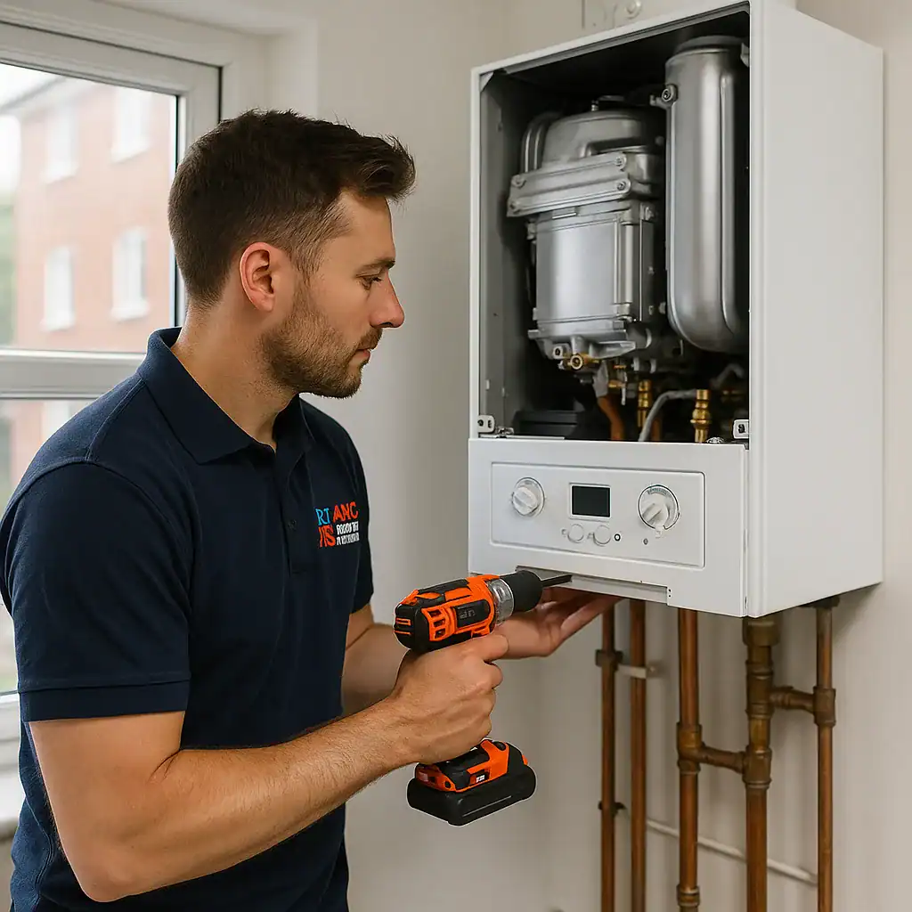 boiler-repair-london Professional engineer from A&C Heating and Plumbing Ltd installing a new wall-mounted boiler in a modern London home, using certified tools and safety gear.