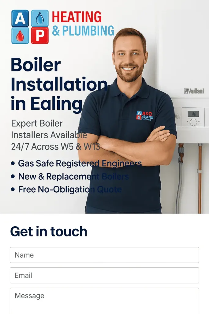 central-heating-repairs-in-ealing Emergency heating engineer wearing branded A&C Heating & Plumbing uniform installing a Vaillant boiler in a residential property in Ealing, West London