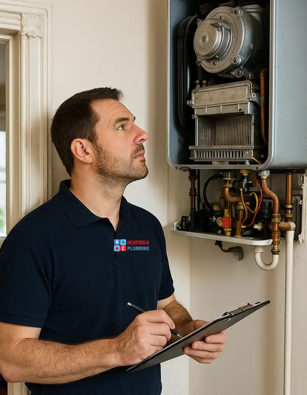 Gas Safe heating engineer from A&C Heating and Plumbing inspecting a boiler inside a London home