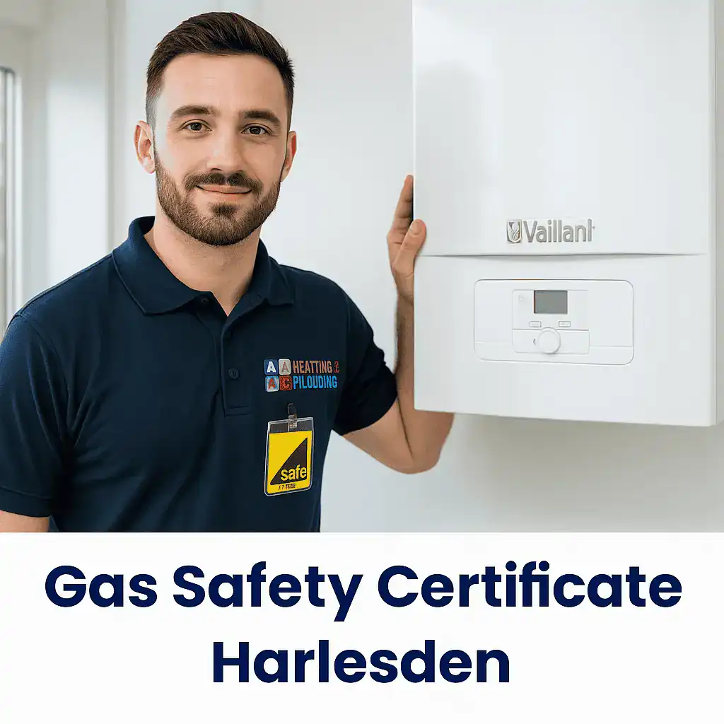 gas-safety-certificate-harlesden Gas Safe registered engineer from A&C Heating and Plumbing Ltd standing beside a modern Vaillant boiler, providing Gas Safety Certificate services in Harlesden.
