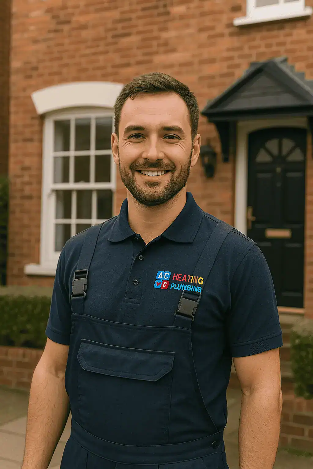 heating-services-in-willesden Gas Safe heating engineer from A&C Heating & Plumbing standing in front of a home in Willesden, wearing branded uniform with company logo.