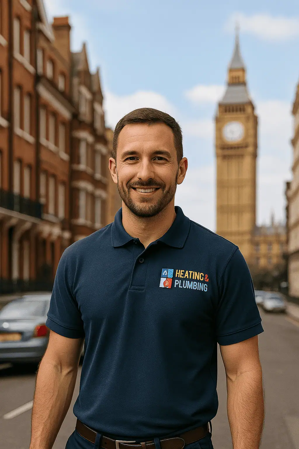 heating-services-london Heating engineer wearing an A&C Heating and Plumbing Ltd uniform with logo on the back, servicing a boiler inside a London home as part of heating services operations.