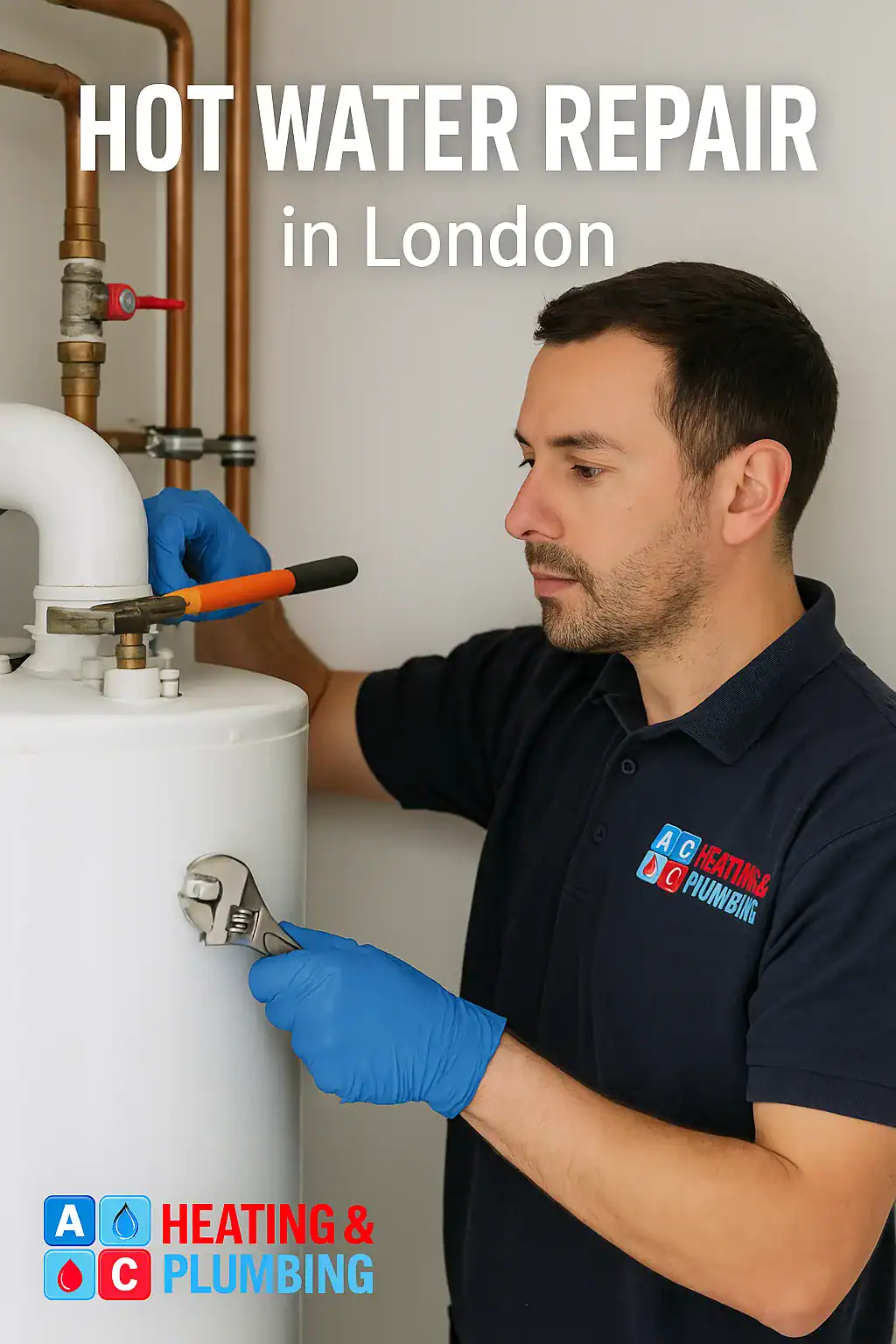 hot-water-repair-in-london Plumber from A&C Heating and Plumbing Ltd performing hot water repair in a residential London home, wearing branded uniform and working near a water cylinder with tools.