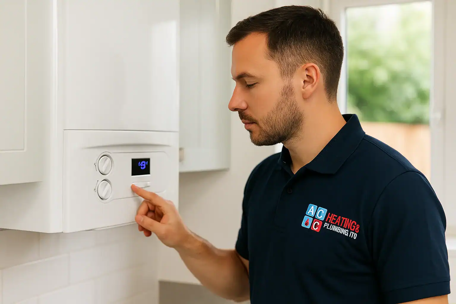 Engineer from A&C Heating and Plumbing Ltd demonstrating how to safely reset a modern combi boiler in a London home.