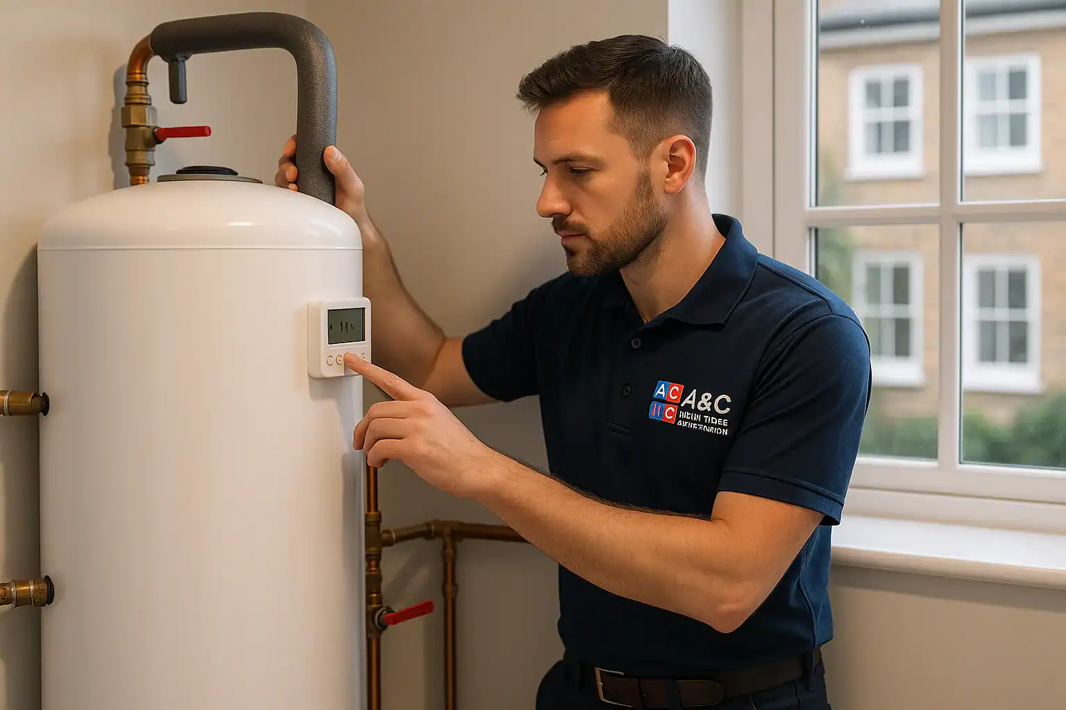 Engineer from A&C Heating and Plumbing Ltd inspecting an unvented water cylinder in a London home.