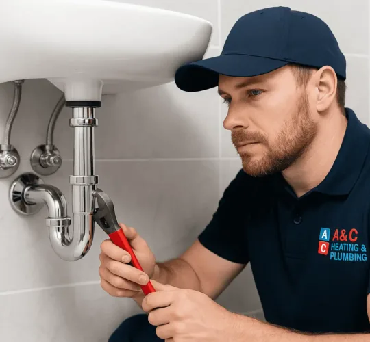 plumbing-services-in-islington Professional plumber in Islington repairing under-sink pipe — A&C Heating and Plumbing Ltd
