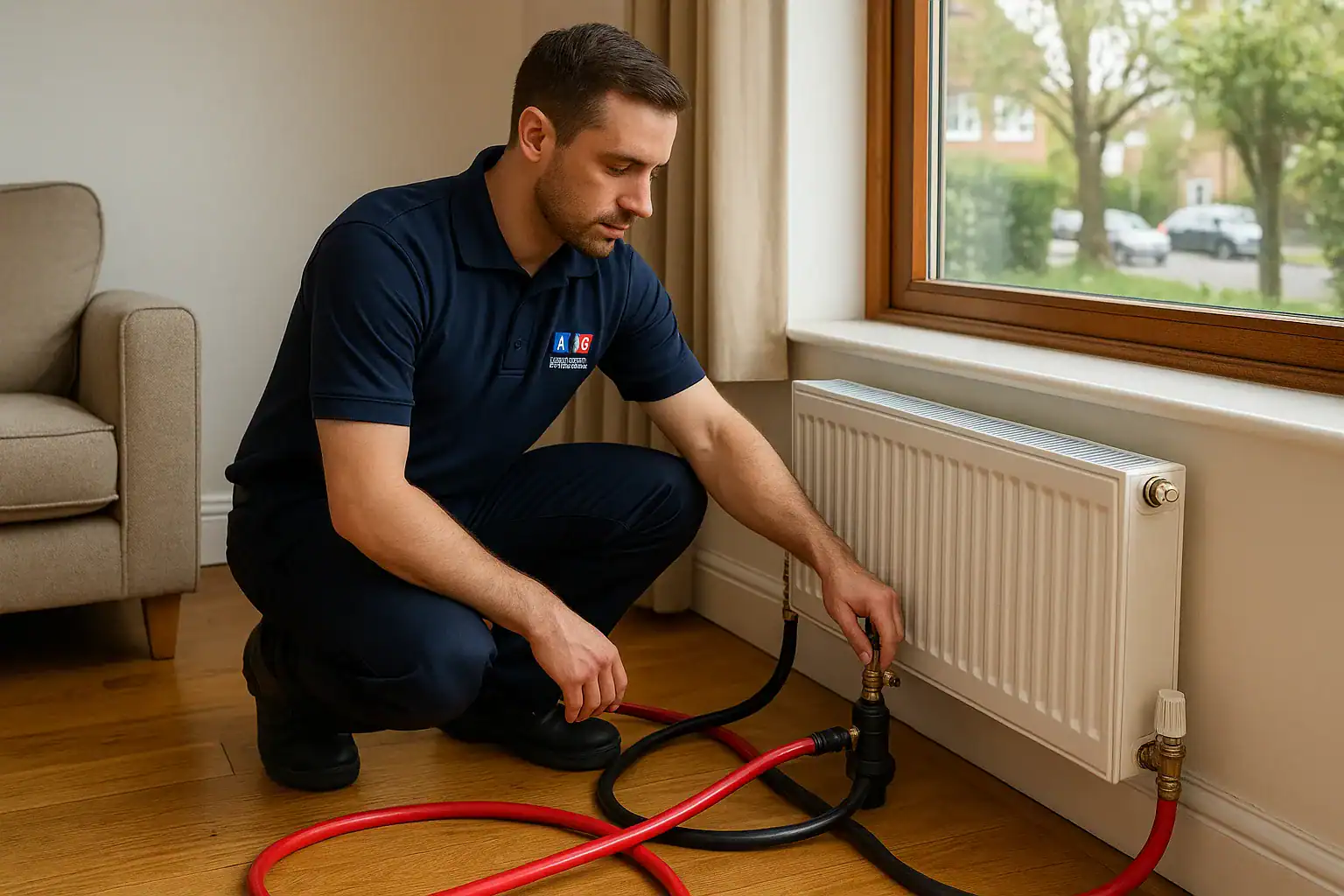 Engineer from A&C Heating and Plumbing performing a power flush in an Acton home, kneeling near a radiator with flushing hoses connected, wearing branded uniform.