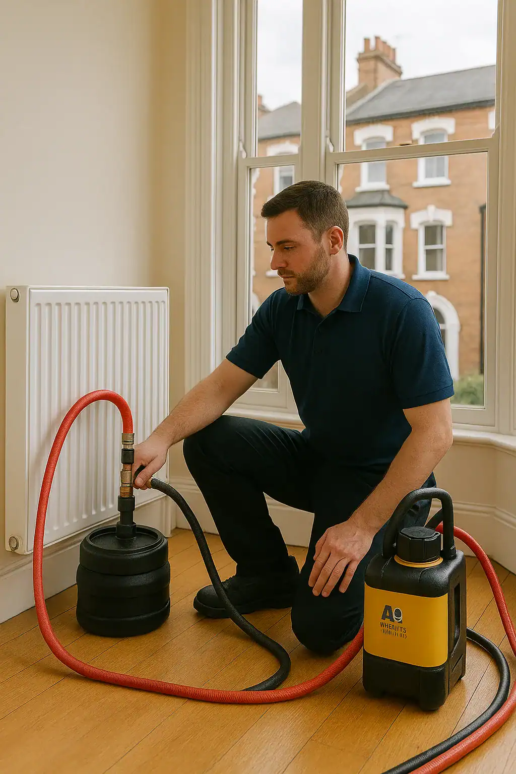 Heating engineer from A&C Heating and Plumbing Ltd performing power flushing in a Victorian home in Islington, kneeling beside a radiator with red and black hoses, wearing a branded navy uniform.