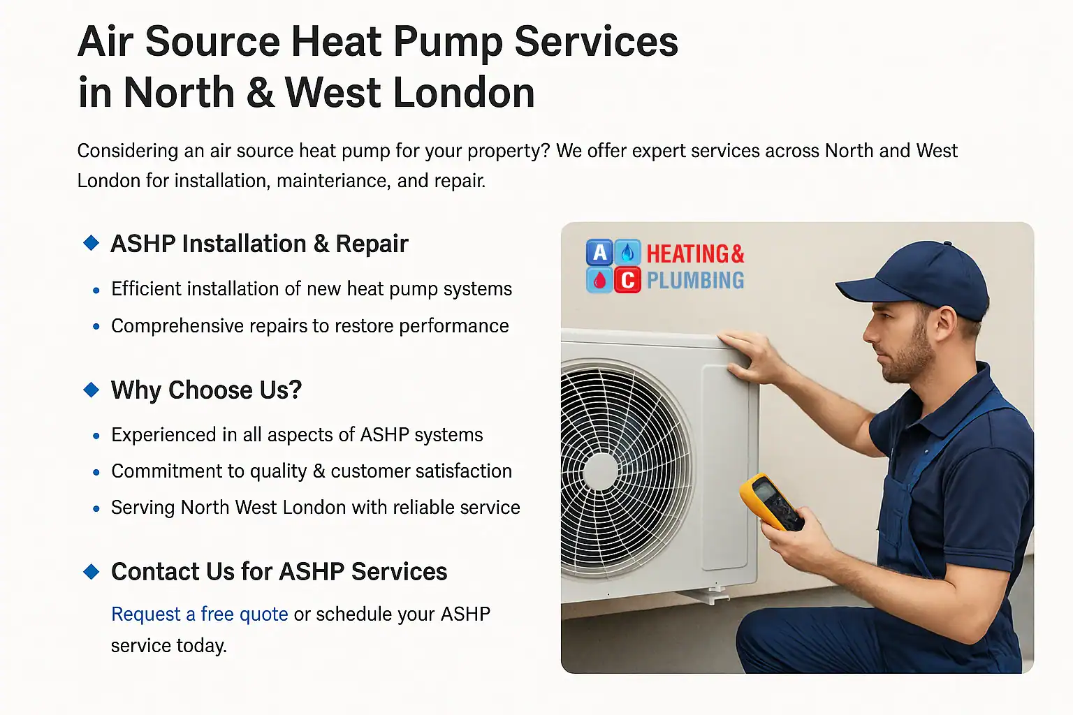 air-source-heat-pump-services-in-north-west-london A heating engineer in uniform servicing an air source heat pump unit on an exterior wall in North West London, using a digital diagnostic tool.