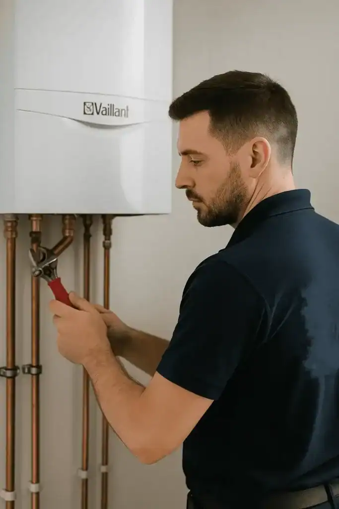 boiler-installation-harlesden- A professional heating engineer from A&C Heating and Plumbing installing a modern gas boiler in a Harlesden property, with tools and pipework fittings visible.
