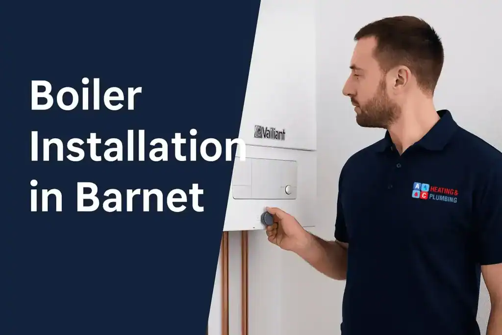 boiler-installation-in-barnet A&C Heating and Plumbing engineer installing a new condensing boiler in a Barnet home, connecting copper pipework and adjusting system settings.
