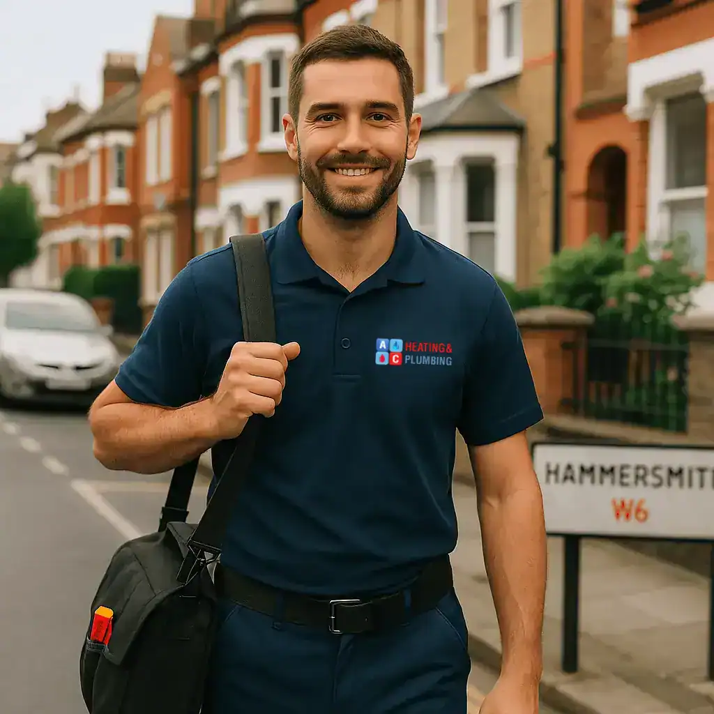 boiler-repair-in-hammersmith-w6 A&C Heating and Plumbing engineer servicing a wall-mounted boiler inside a flat in Hammersmith, West London, using diagnostic tools and wearing branded uniform.