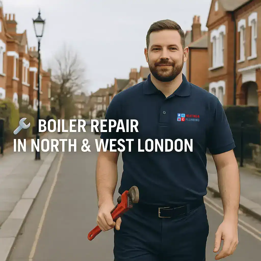 boiler-repair-in-north-west-london A professional heating engineer from A&C Heating and Plumbing servicing a boiler in a North West London home, with diagnostic equipment and branded uniform.