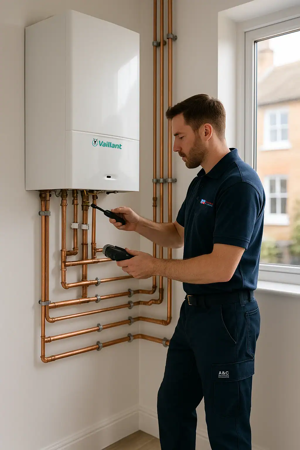 central-heating-installation-in-london A heating engineer in navy uniform installs a central heating boiler in a modern London home, working on copper pipework with a diagnostic tool in hand.