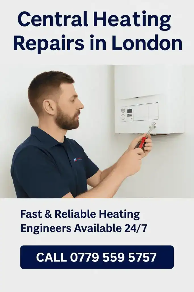 A professional heating engineer installing upgraded central heating components, including modern thermostatic radiator valves and energy-efficient pipework, inside a residential London property.