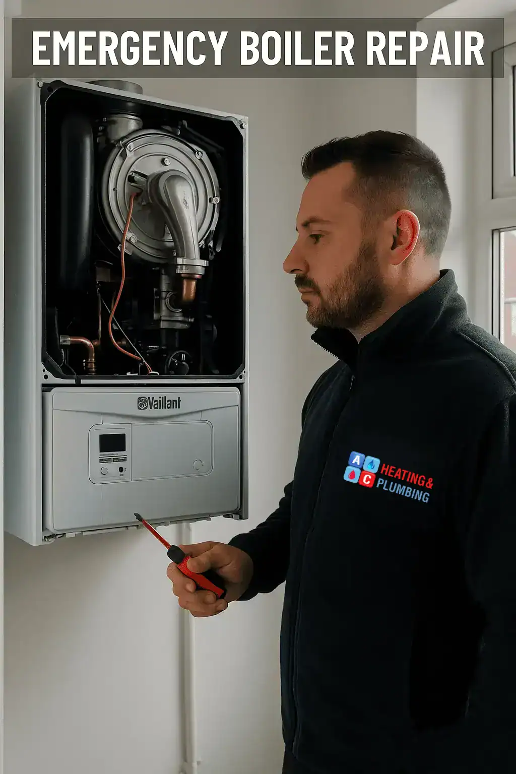 emergency-boiler-repairs-across-north-and-west-londonpng A heating engineer from A&C Heating and Plumbing performing an emergency boiler repair in a North West London home, inspecting a wall-mounted gas boiler with tools in hand.