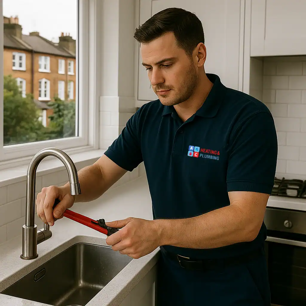 emergency-plumber-in-acton A plumber from A&C Heating and Plumbing Ltd fixing a leaking pipe under a kitchen sink in a West London flat.