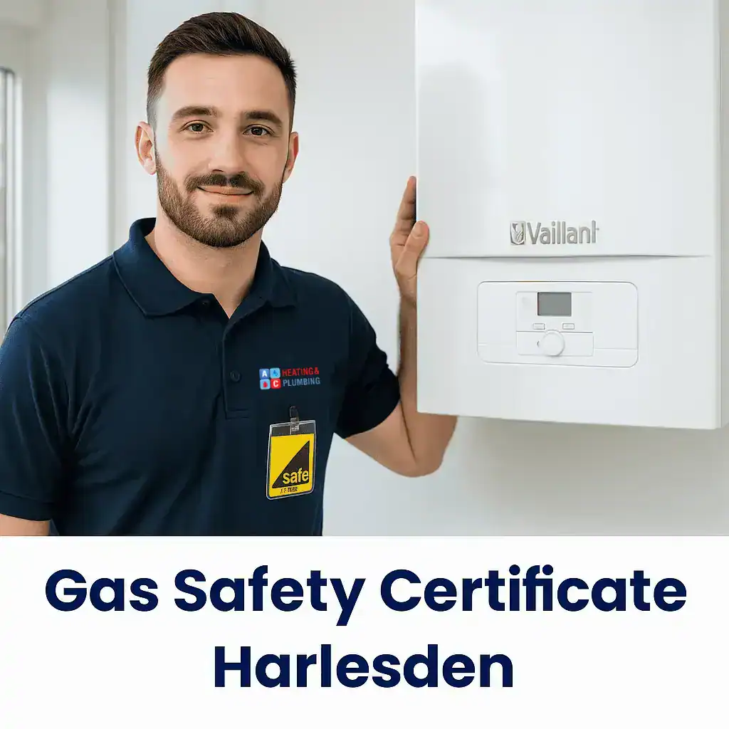gas-safety-certificate-harlesden A&C Heating and Plumbing engineer performing a gas safety check in a Harlesden property, reviewing boiler readings and completing certification paperwork.