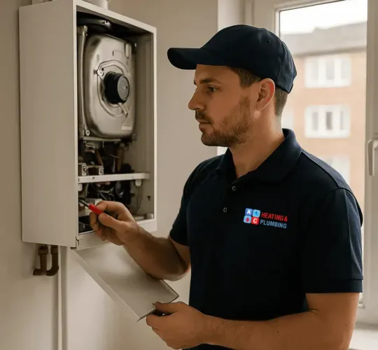 gas-safety-certificate-in-acton A Gas Safe registered engineer from A&C Heating and Plumbing conducting a gas safety inspection in an Acton flat, holding a digital analyser and certificate checklist.