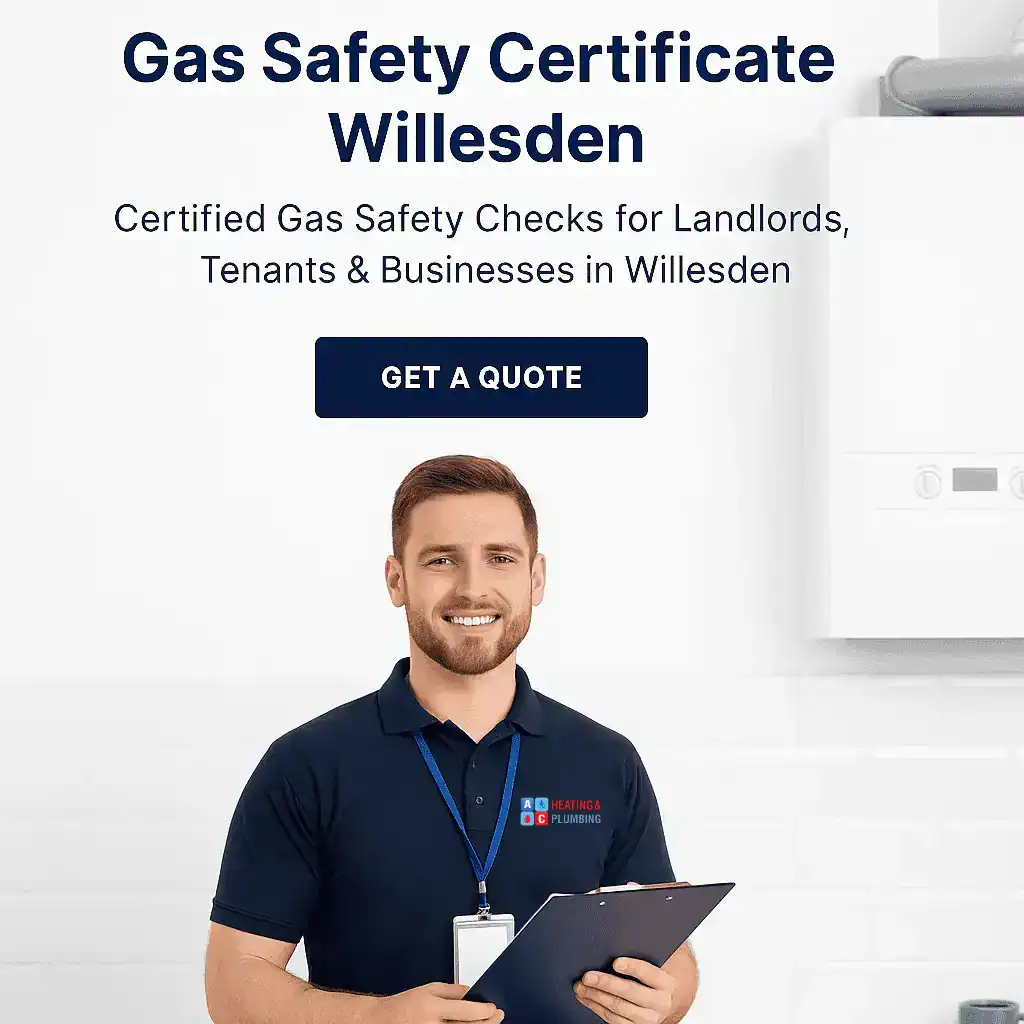 gas-safety-certificate-willesden A heating engineer from A&C Heating and Plumbing Ltd conducting a gas safety inspection in a Willesden kitchen, holding a digital analyser and certification clipboard.