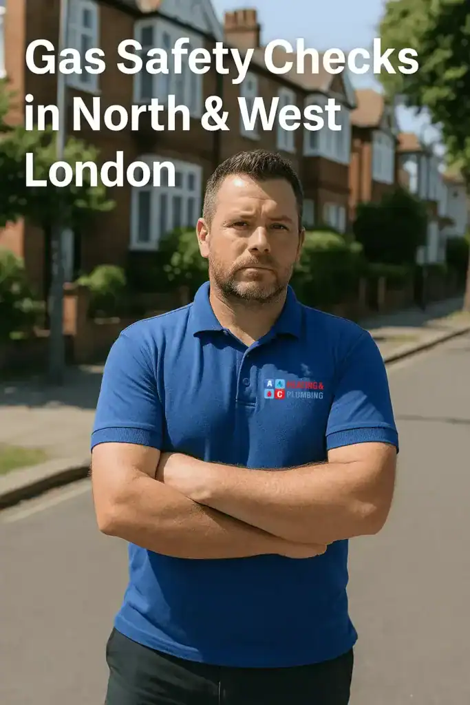 A certified Gas Safe engineer from A&C Heating and Plumbing performing a gas safety check on a boiler system in a residential London property, holding a compliance checklist and analyser.