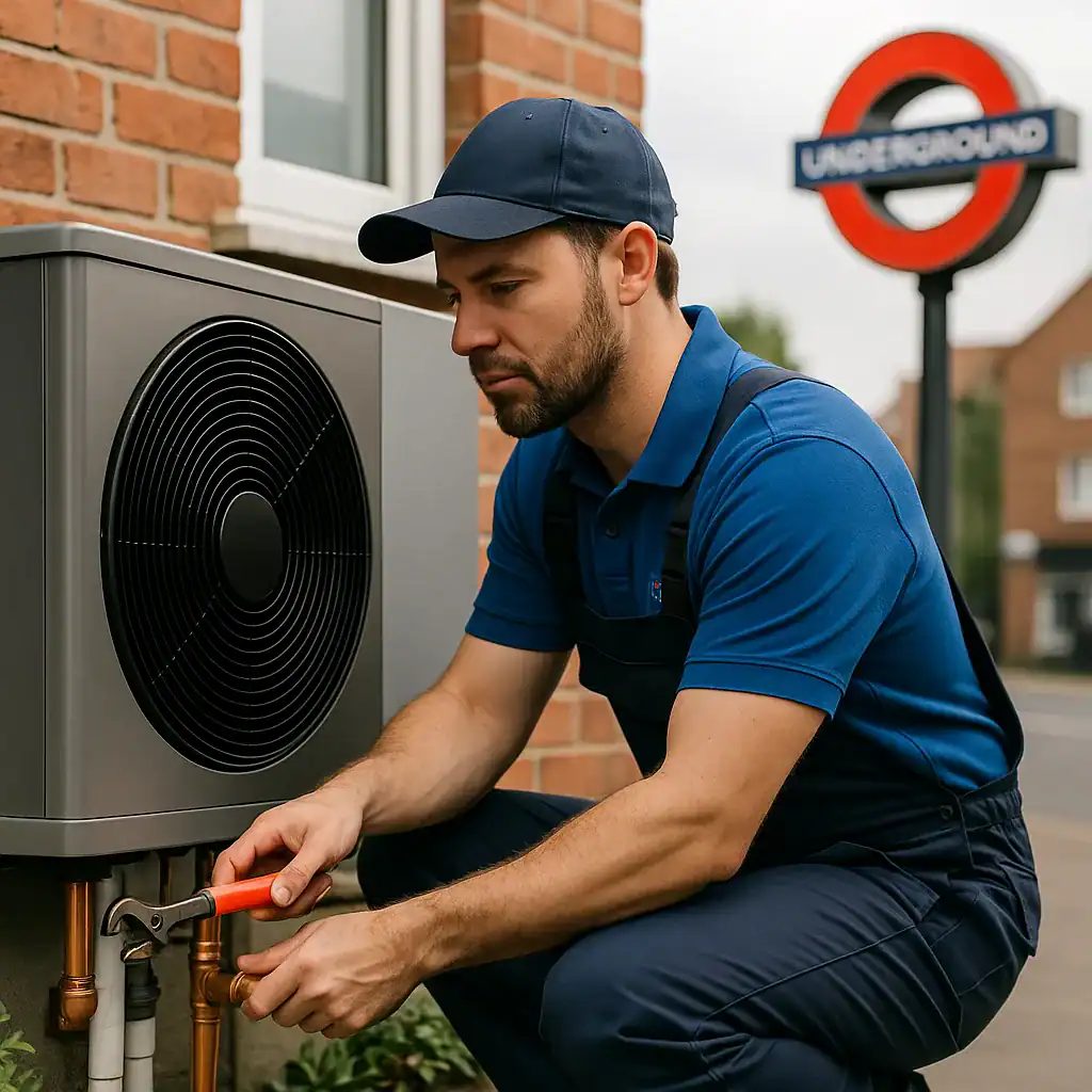 heat-pump-repair-london A heating engineer from A&C Heating and Plumbing diagnosing a fault on an outdoor heat pump unit in a North West London property, using a multimeter and service manual.