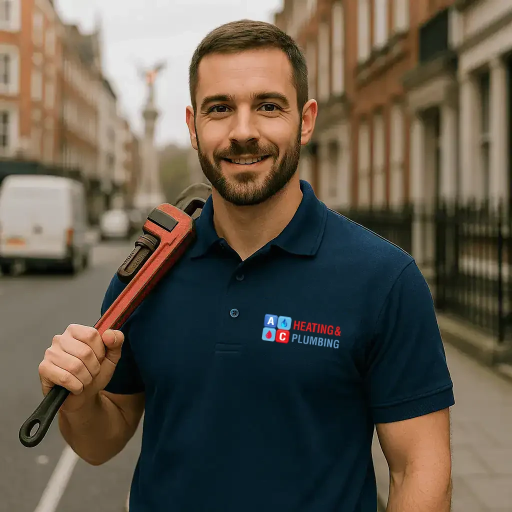 A&C Heating and Plumbing emergency heating engineer attending a no-heating callout in Acton, inspecting a central heating boiler inside a residential property.