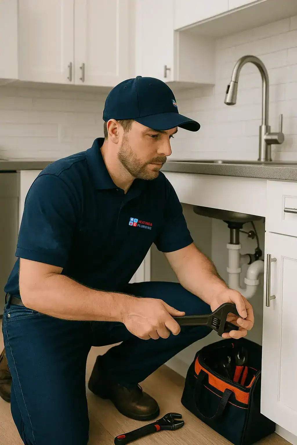 A&C Heating and Plumbing engineer installing new kitchen plumbing under a sink, connecting pipework for a dishwasher and tap system in a modern London home.