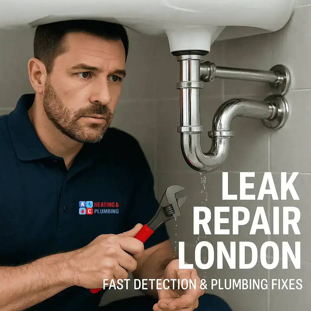 leak-repair-london A plumber from A&C Heating and Plumbing locating and repairing a water leak beneath floorboards in a London home, using moisture detection tools.