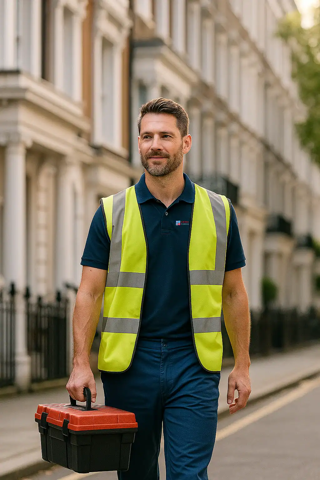 A maintenance engineer in a high-visibility vest carrying a toolbox while walking along a residential street in London, with traditional terraced houses in the background.