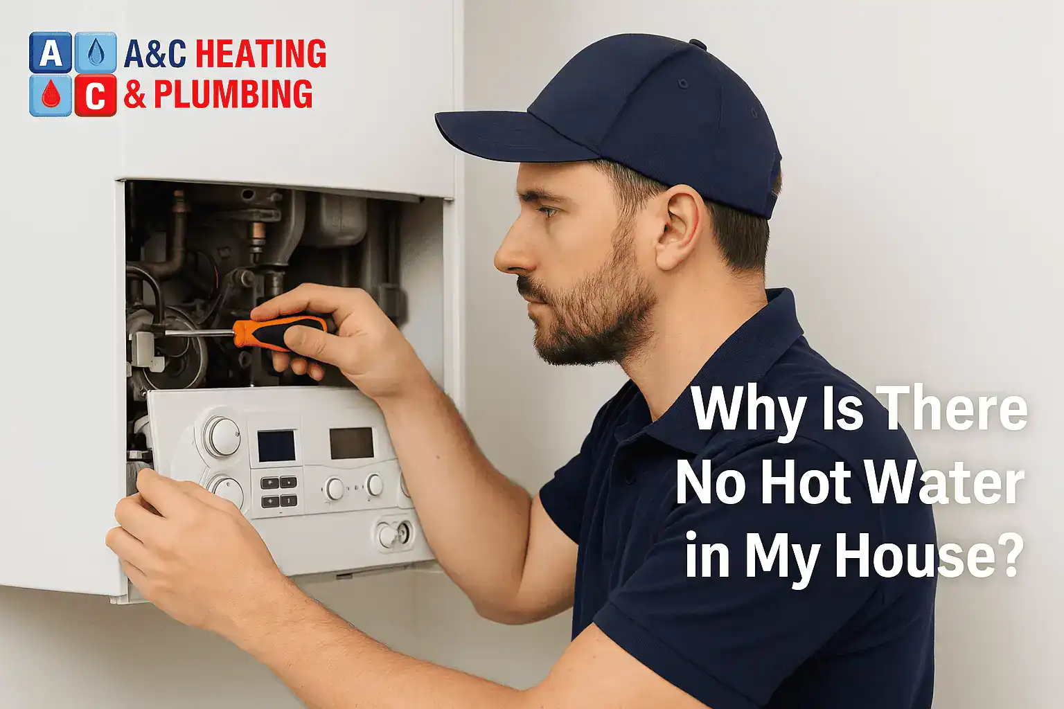 Frustrated London homeowner testing bathroom tap with no hot water while heating engineer inspects boiler nearby.