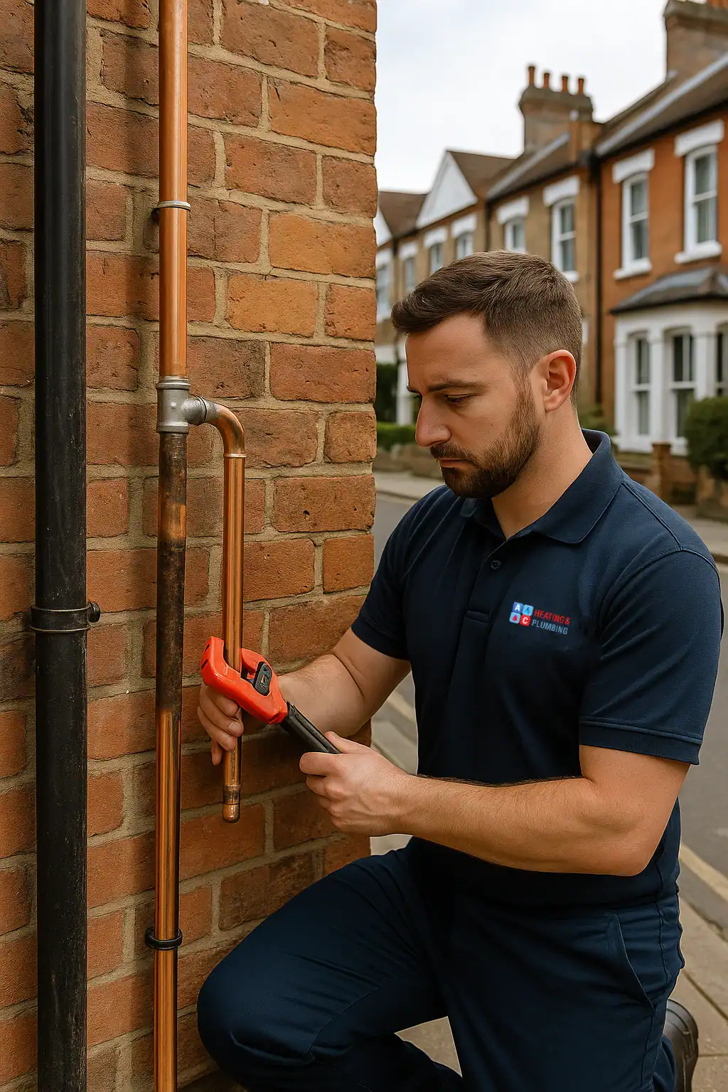 A professional plumber in navy uniform replacing copper piping on the exterior wall of a residential property in North West London, using a red pipe wrench.