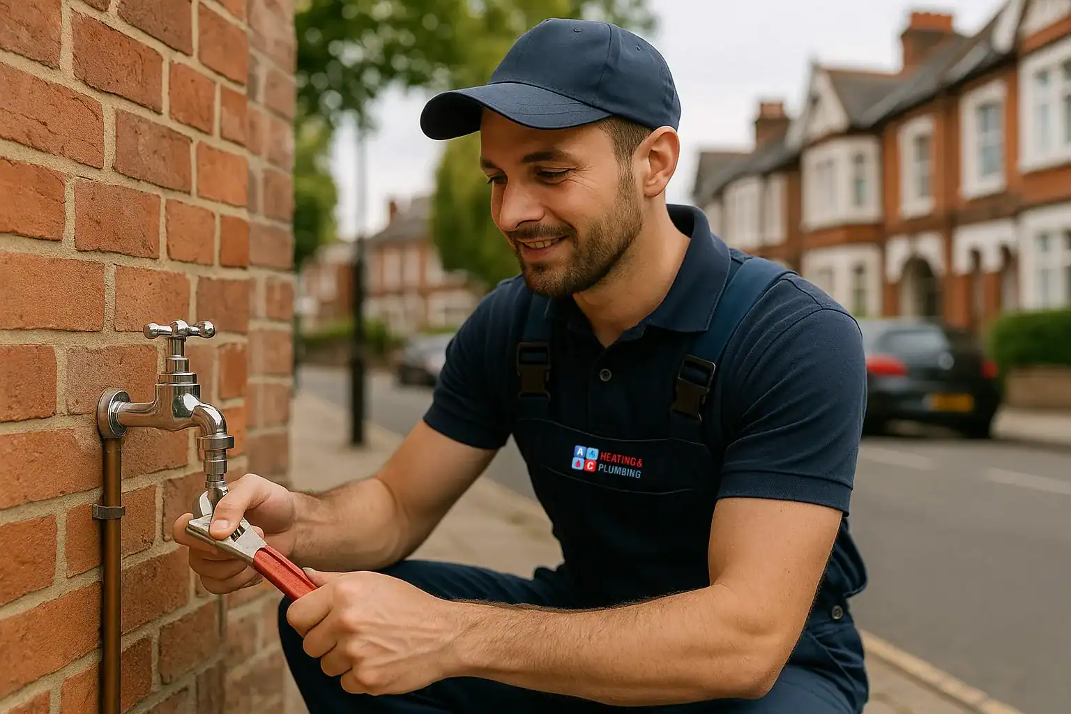 plumbing-services-in-chiswick A professional plumber in navy overalls adjusting an outdoor tap on a red brick house in Chiswick, West London, with traditional terraced homes in the background.