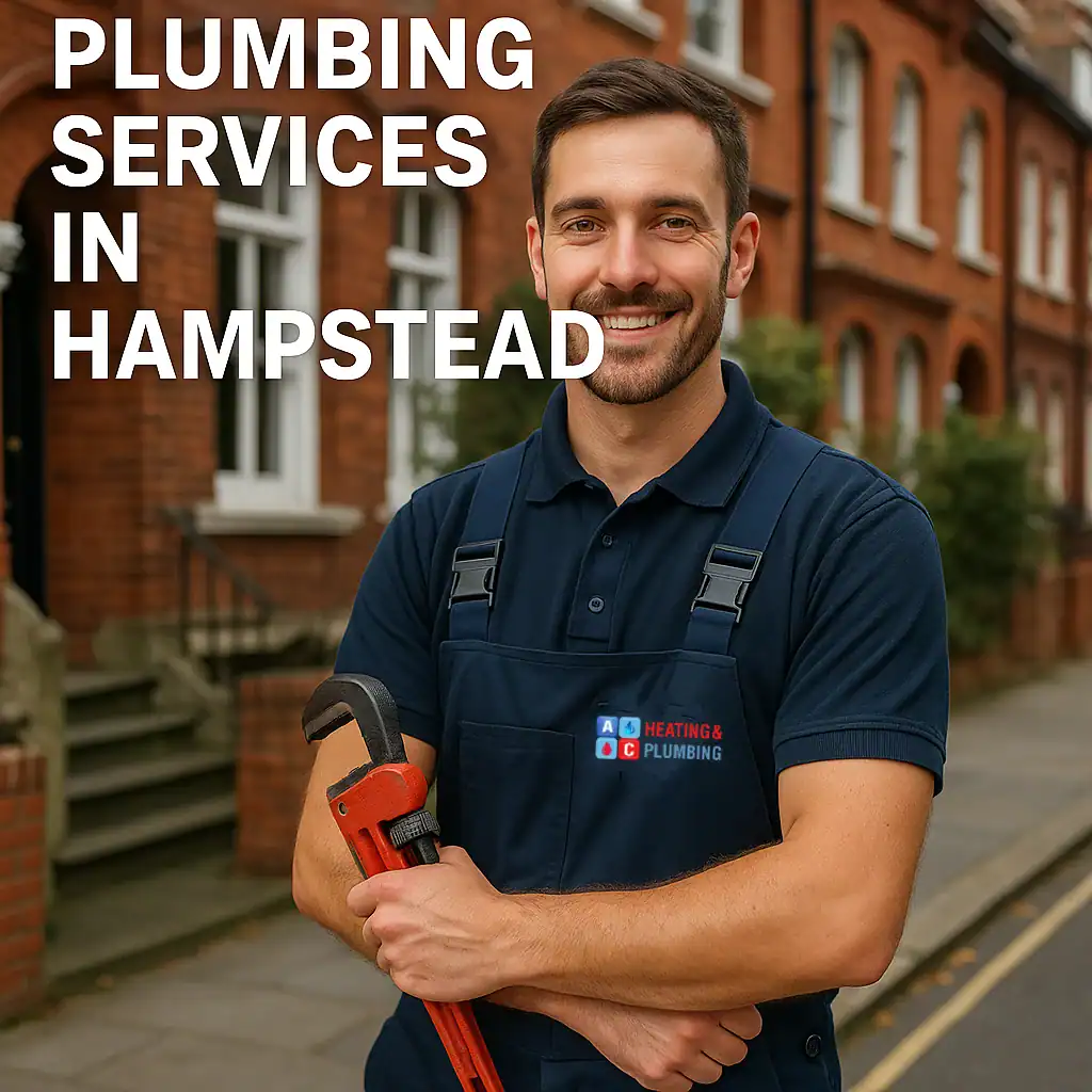 plumbing-services-in-hampstead A plumber from A&C Heating and Plumbing fixing a pipe in a Victorian-style home in Hampstead, NW3, wearing branded navy overalls.