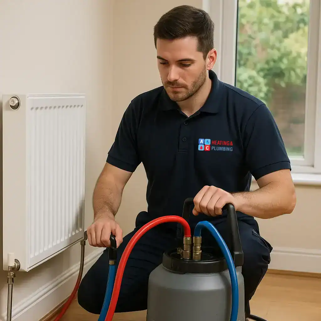 power-flushing-in-chiswick Heating engineer from A&C Heating and Plumbing Ltd performing power flushing on a radiator in a Chiswick home, wearing a branded navy uniform and using specialist flushing equipment near a window with natural light.