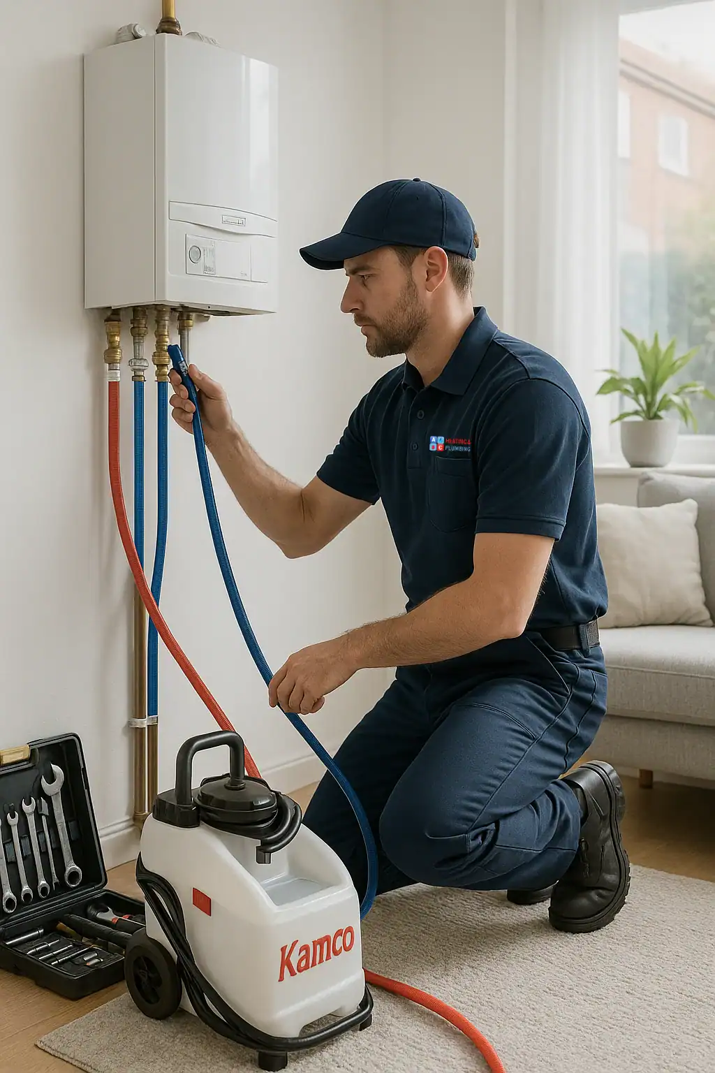 power-flushing-in-hammersmith A heating engineer from A&C Heating and Plumbing performing a power flush on a central heating system in a home in Hammersmith, West London.