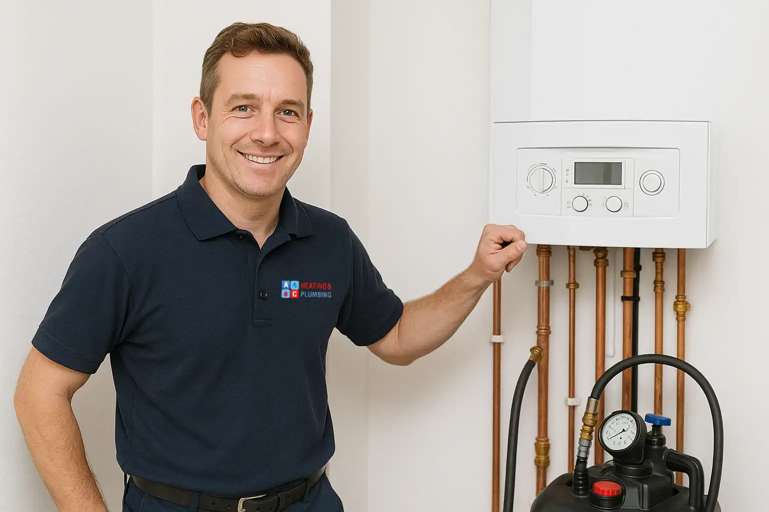 power-flushing-in-harrow A&C Heating and Plumbing engineer performing a power flush on a central heating system in a Harrow home, using professional flushing equipment.
