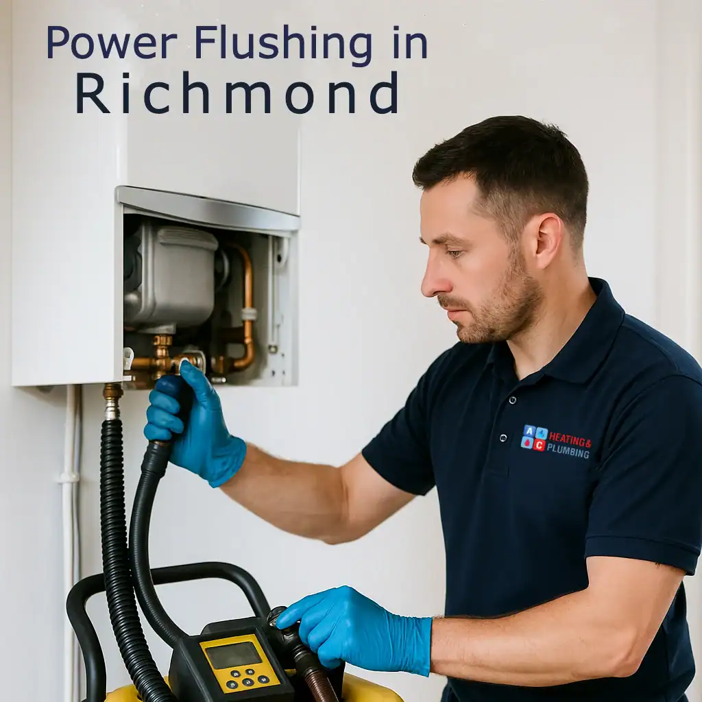 power-flushing-in-richmond A&C Heating and Plumbing engineer performing a power flush on a radiator system inside a Richmond home, with flushing equipment and inhibitor chemicals visible.