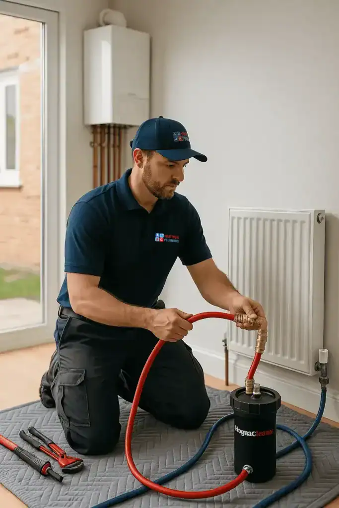 power-flushing-service A professional heating engineer from A&C Heating and Plumbing performing a power flushing service using a magnetic filter and chemical flush machine in a residential property.