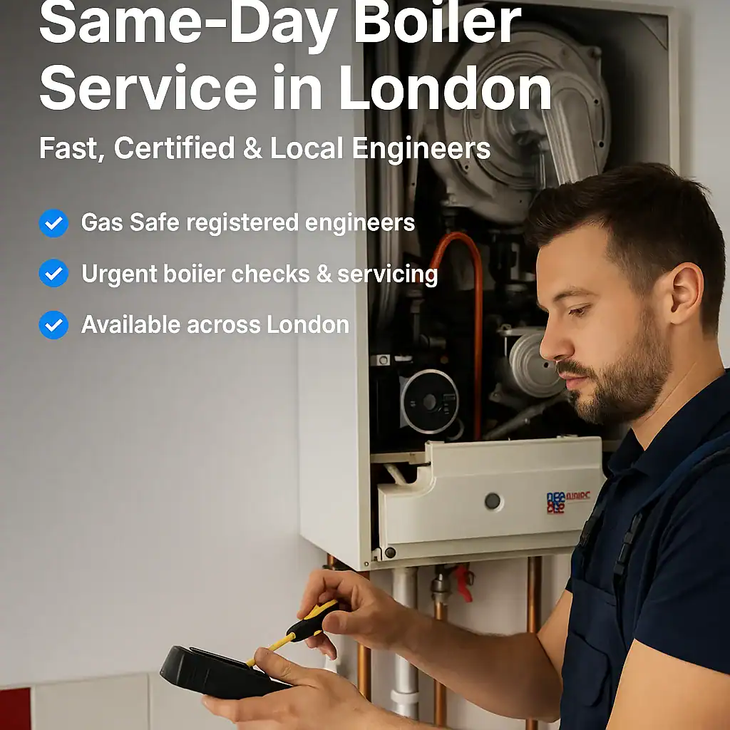 same-day-boiler-service-in-london A&C Heating and Plumbing engineer performing same-day service on a Vaillant combi boiler in a West London flat.