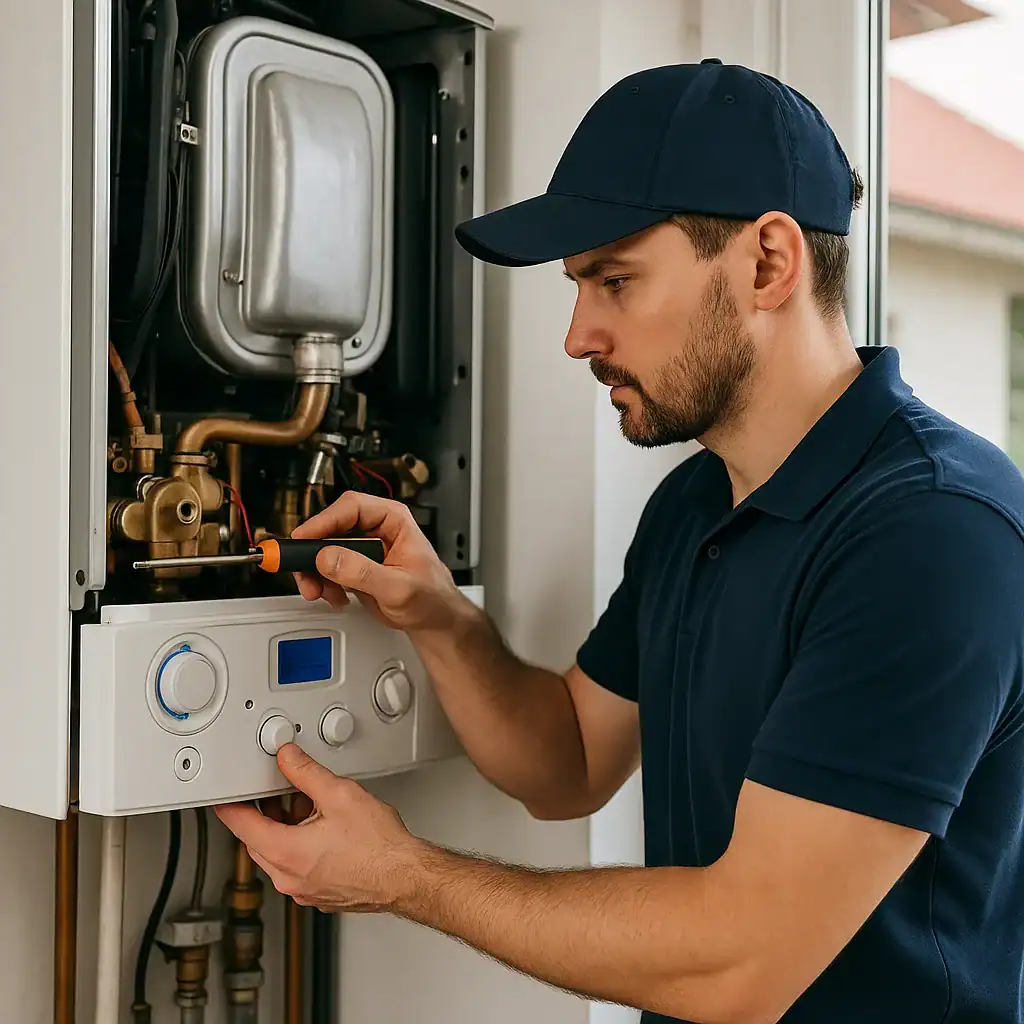 A heating engineer carefully servicing a wall-mounted gas boiler inside a London home, preventing future breakdowns.