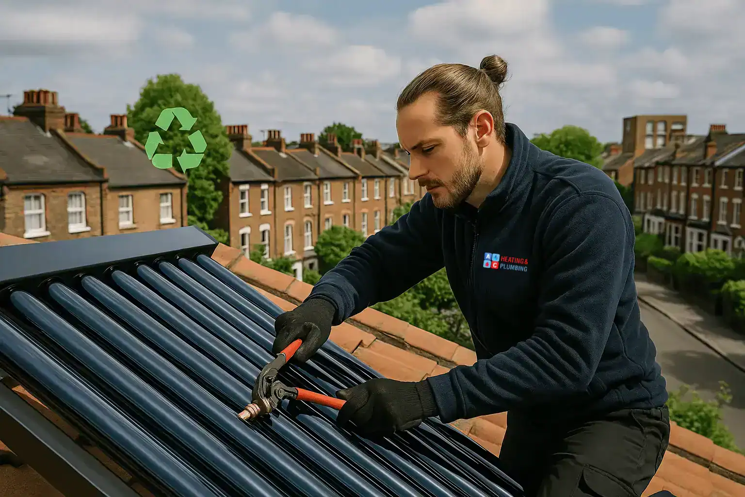 A technician connecting solar thermal panels to an existing gas boiler system in a residential London home, showcasing a hybrid renewable heating setup.