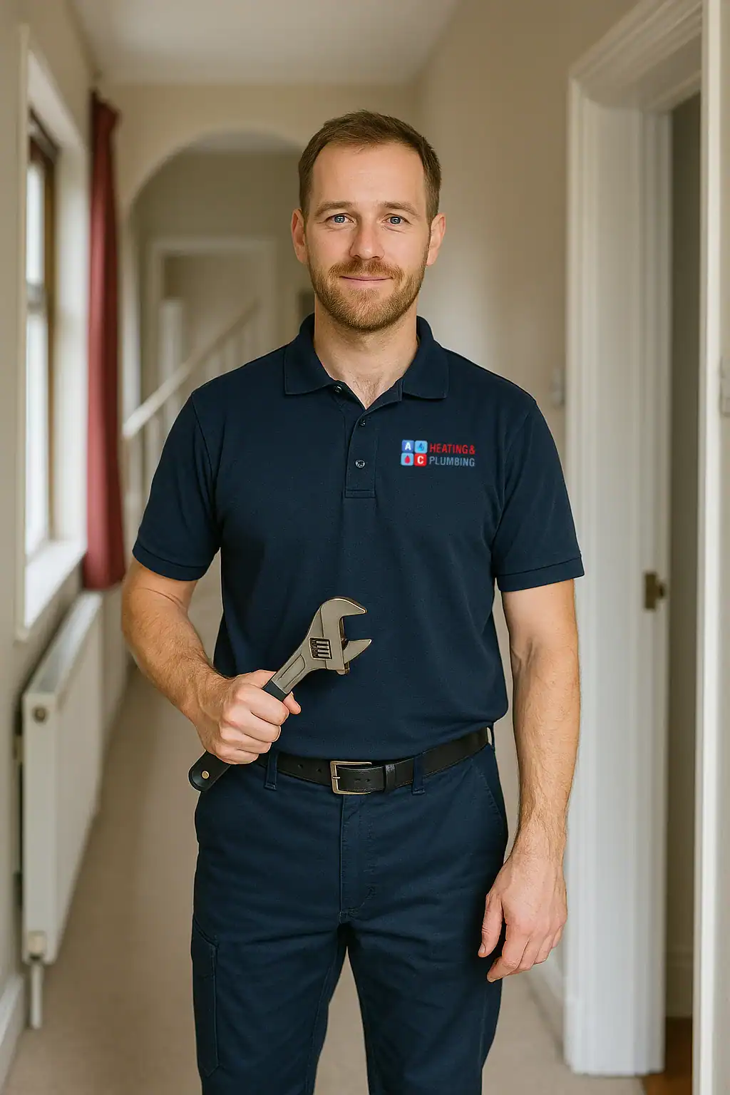 heating-services-in-harrow A heating engineer from A&C Heating and Plumbing Ltd inspecting a central heating boiler inside a Harrow home, using diagnostic tools and wearing branded uniform.